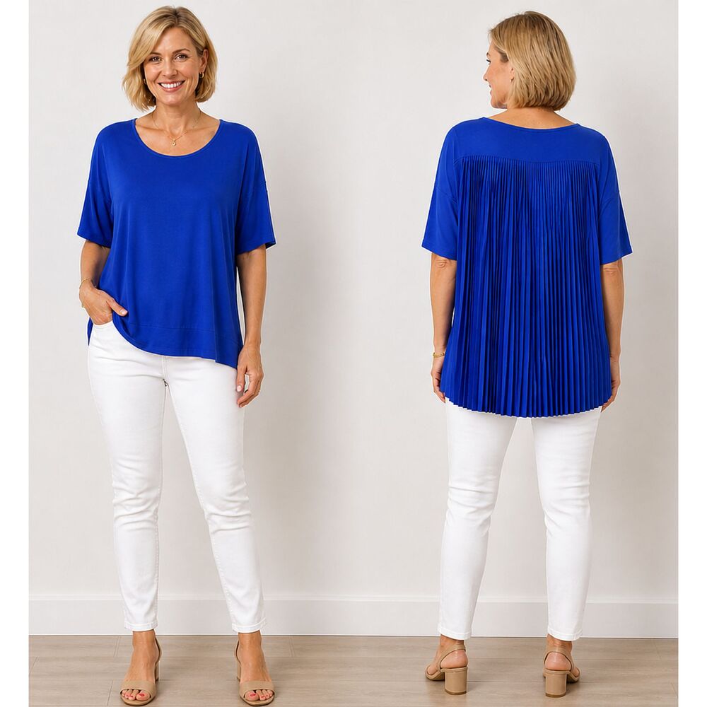 Chico's 2 L 12 14 Royal Blue Preston Pleated Back Short Sleeve Loose Fit Top